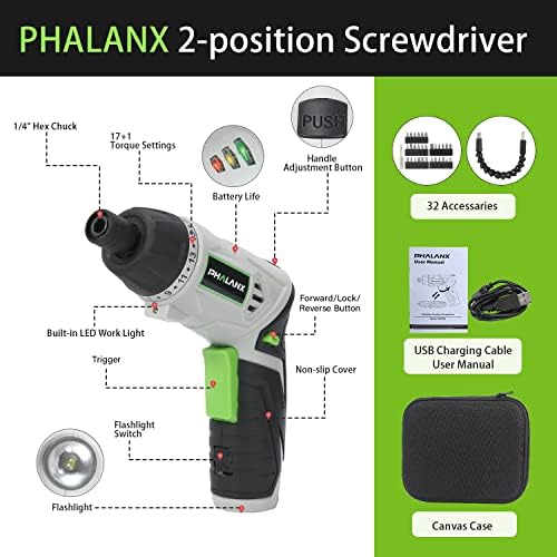 Phalanx 4V Chave de fenda elétrica Conjunto, 17+1 Chave de fenda de torque com 30 pedaços de parafuso e lanterna, 2 posição Power