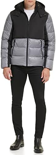 Kenneth Cole Men's Color Block Puffer Zip Off Hood Misture Media Jacket