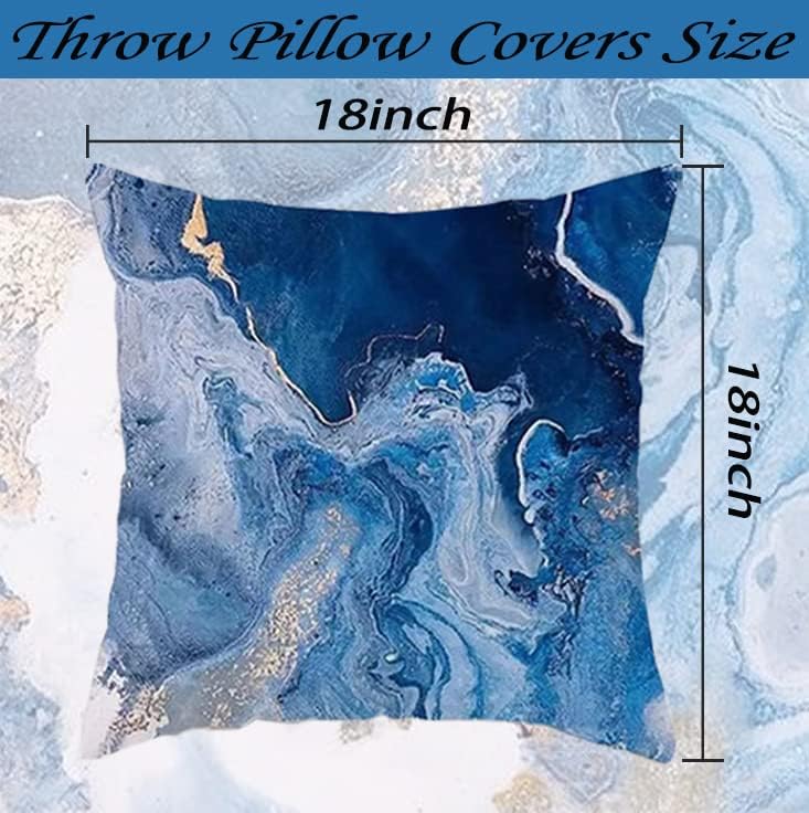 APCGSM Ocean Mármore Tampas de travesseiro de mármore 18x18 Conjunto de 4, Capas de travesseiros de veludo azul e dourado