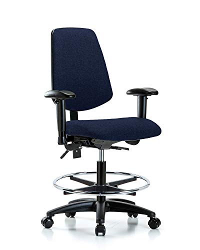 Labtech Seating LT42340 Cadeira de bancada média, tecido, base de nylon de fundo médio - inclinação, braços, anel de pé cromado,