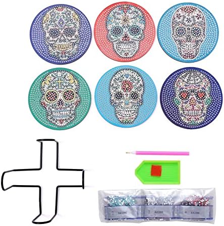 F-Canlan 5D Diy Skull Diamond Painting Coaster com suporte 6 PCs Coaster Kits Diamond Art Kit