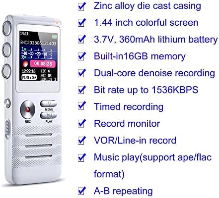 Tbiiexfl 16 GB de tela colorida Voice Ativado Recorder 1536kbps gravação Digital Voice Record Mp3 Music Player Dictaphone