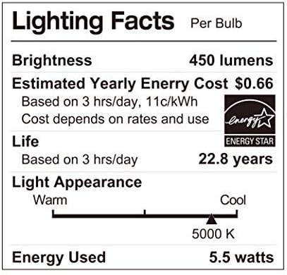 LUNO A19 Bulbo LED diminuído, 5,5W, 450 lúmens, 5000k, base média, UL e estrela de energia