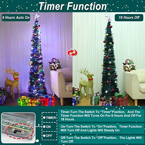 Turnmeon 6ft Glitter Letish Lápis Timer de decoração de árvore de Natal 30 bolas 80 Luzes coloridas Bateria de estrela,