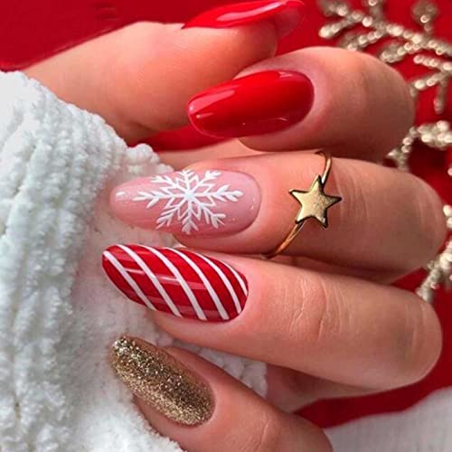 HKANLRE Pressione Christmas Press em unhas fofas unhas falsas Floco de neve Tampa completa Red False unhas para mulheres e meninas