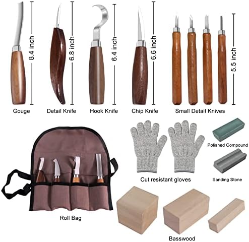 Sanjian Wittling Kit para ferramentas de escultura em madeira para iniciantes com 7pcs basswood, 8 facas de escultura, presentes