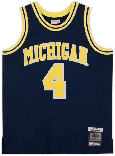 Emoldurado Chris Webber Michigan Wolverines Autografou Marinha 1991 Mitchell & Ness Swingman Jersey com inscrição 92-93 All-American-camisas