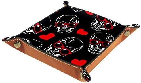 Skull Heart Black Desktop Storage Bandeja de couro PU Catchall bandeja de cabeceira de cabeceira para as chaves, telefone,