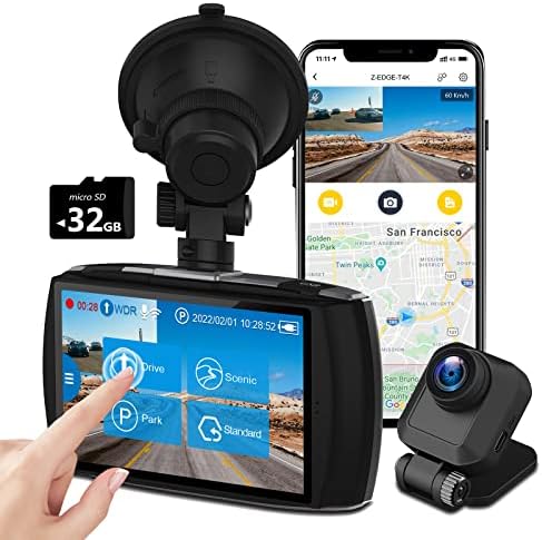 Dash Cam, Z-Edge Dual Dash Cam Front e traseira, Wi-Fi embutido em 4K, câmera de carro de tela de toque, FHD 1080p com modo