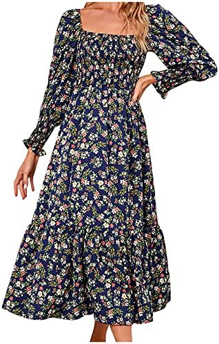 Vestido floral boho feminino de manga longa pescoço quadrado maxi vestido de sol