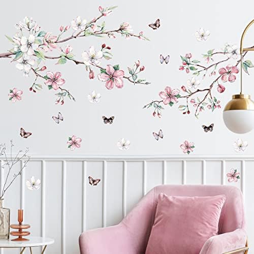 AM Amaonm removível 3d estilo tinta marrom galhos de árvore marrom e decalques de parede de flor de brancos rosa Flores flores