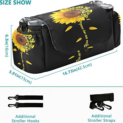 Organizador do carrinho de bebê VISESUNNY You Are My Sunshine Gunflowers Skull Skull Acessórios Bolsa de espaço grande com 2 porta de xícara Vários bolsos de zíper para brejas de fraldas de garrafa itens de bebê