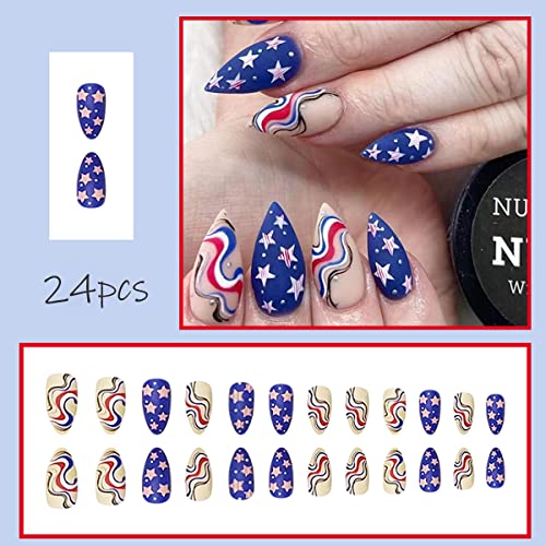 24pcs Independence Day Press On Nails Medium, Almond Fake Unhes com designs patrióticos de estrelas, mulheres acrílicas