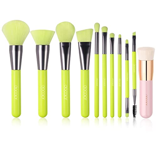 Docolor Neon Green 10 PCs Bruscos de maquiagem + tampa plana Kabuki Brush Brush Pink Premium sintético Kabuki Brush mistura