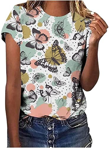 Camiseta colorida de borboleta feminina Camiseta de borboleta curta de manga curta Bloco de cor do pescoço da natureza