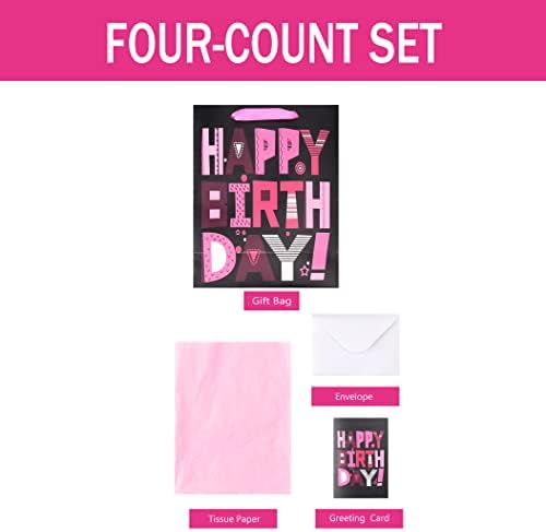 13 grandes sacolas de presente rosa com cartão de felicitações e papel de seda para festa de aniversário para meninas, festas