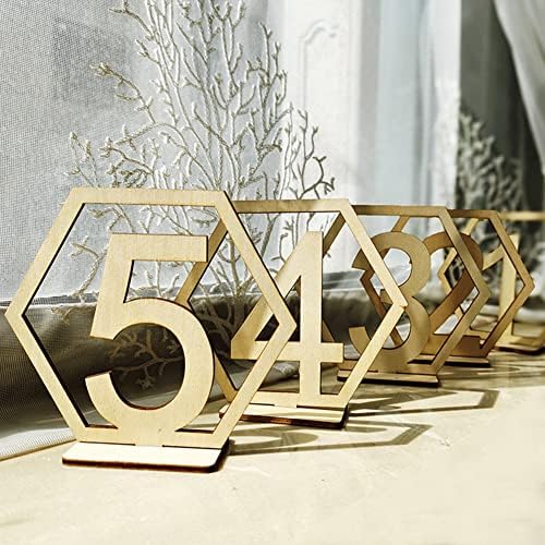 10 Pacote números de mesa de madeira, números de mesa de casamento com base, números de mesa hexagon de dupla face para decoração de