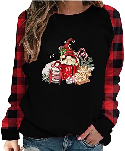 Camisas de Natal para mulheres gnomos impressão gráfica Pullover de manga longa T-shirt Casual moda xadrez raglan tops