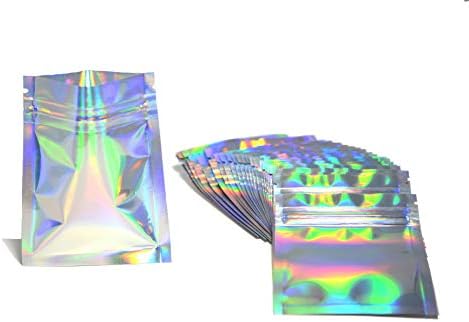 50 - 4x6 Rainbow ziplock holográfico ziplock de dupla face reutilizável sacos de armazenamento de alimentos metálicos