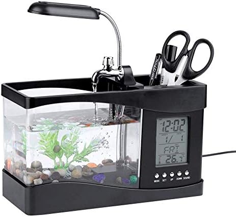 Tanque de peixes, mini -peixe multifuncional Mini -peixe aquário de tanques de peixes com luz LED da função de relógio