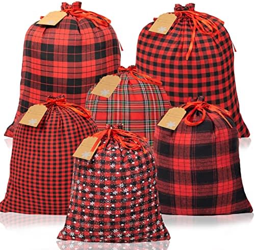 Sacos de presente de cordão para presentes de Natal- 6pcs 2 tamanhos Buffalo Plaid Red e Black Ploth Christmas Sacos com