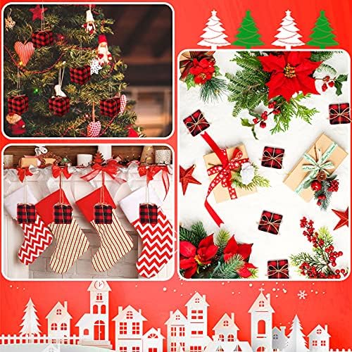 24 peças Árvore de Natal pequenas caixas presentes Caixa de tecido xadrez de búfalo mini ornamento pendurado pingente
