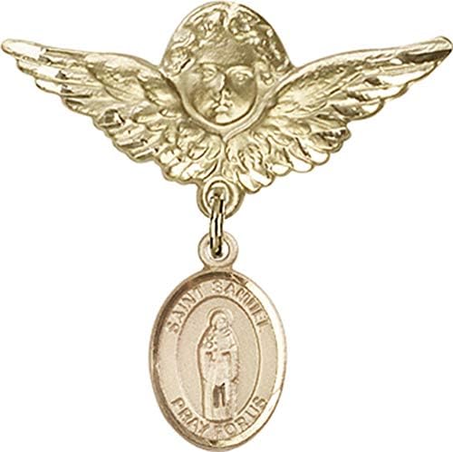 Rosgo do bebê de obsessão por jóias com o charme de St. Samuel e anjo com alfinete de crachá asas | Distintivo de