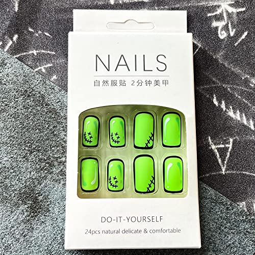 24 PCs Pressione curta em unhas, unhas falsas quadradas com designs tampa cheia no unhas cômicas 2d unhas falsas unhas