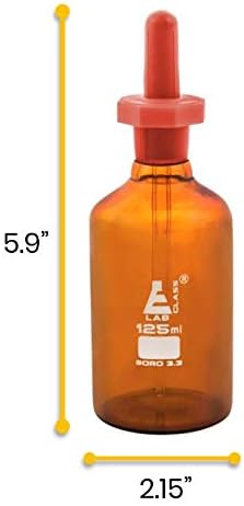 Garrafa de queda Eisco, 125ml - Amber Borossilicate 3.3 Glass - Pipeta de Grootper de Pipeta e Lâmpada de Borracha