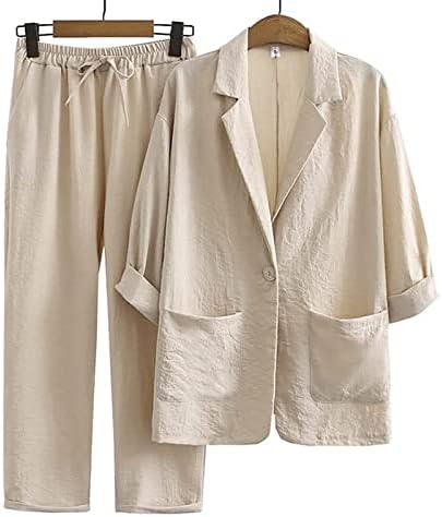 Womens 2 peças roupas de linho de linho combinando conjuntos básicos de manga comprida Blazer Jackets Suits 2023 Roupas da moda