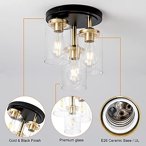 Mayful Semi Flush Mount Teto Light, luminária de teto de vidro transparente de 3 luzes, luminária de teto de cluster de acabamento