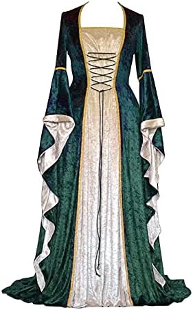 Vestido renascentista, estilo retro de cor de cor sólida feminina vestido de manga longa vestido maxi vestido