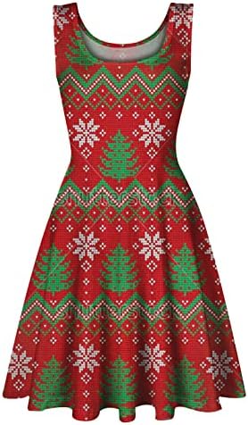 Vestido sem mangas de Natal para mulheres Vestidos estampados de floco de neve vestidos A-line vestidos de Natal Tanques casuais