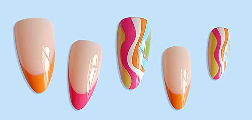 Aeeo Almond Press em unhas unhas falsas médias com design de arco -íris em unhas dica francesa unhas falsas unhas de acrílico