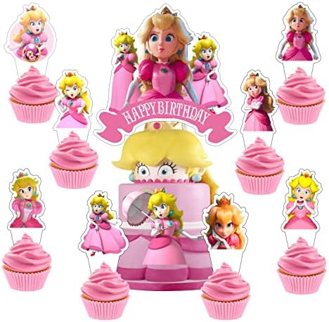 25pcs Princess Peach Cake Decorações com 1pcs Topper de bolo, Toppers de cupcakes de 24pcs para suprimentos de festa de aniversário