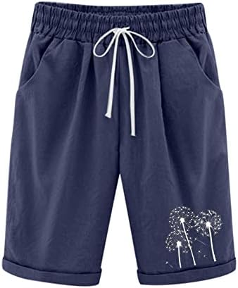 RVIDBE Feminino Casual Bermudas de verão Cantura elástica de cordão elástica Longa Linha de linho curta até os bolsos