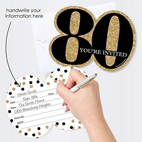 Big Dot of Happiness Adult 80th Birthday - Gold - Convites de preenchimento em forma - Cartões de convite de festa de aniversário