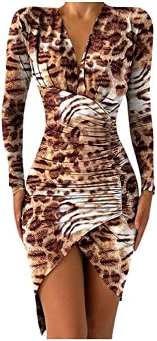 Usuming Women Rouched Wrap Dress Dress Gráfico de cor sólida Impressão de manga longa Mini vestido