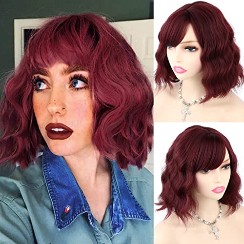 Flandi curto ondulário vermelho peruca com franja para mulheres comprimento de ombro pastel bob estilo perucas sintéticas com