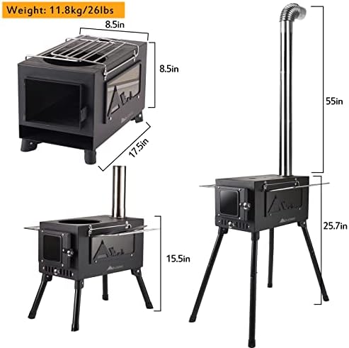 Fogão aquático de madeira AOMXAY, fogão portátil da barraca, fogão de madeira portátil de barraca com 5 chaminés de aço