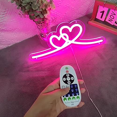 Didalife Double Heart Neon Sinais de rosa, diminuem com sinais de neon LED remotos para decoração de parede, brilho ajustável