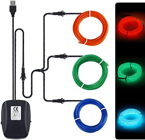 Jiguoor USB El Wire 49.21ft/15m Bright Neon Light Strip 360 ° Iluminação Rhythm Lights para DIY, festival, decoração de festa,