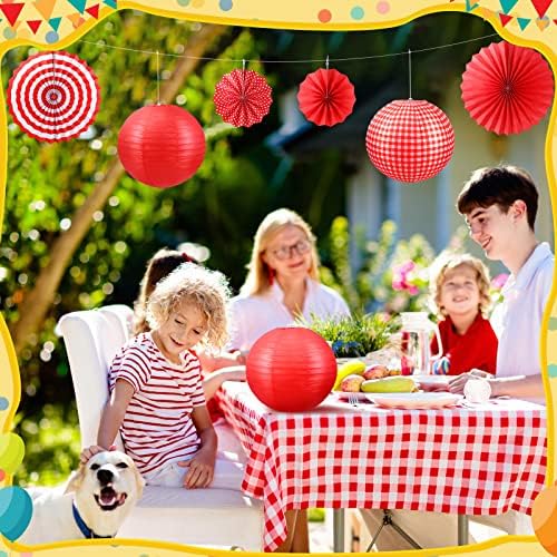 18 PCs Decorações de festas de piquenique incluem Red e Branco Gingham Banner de Gingham Banner Hanging Fãs Round Lanterns