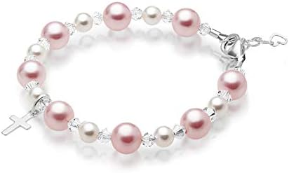 Bracelets de charme cruzado de prata esterlina para meninas- Batismo Presentes para meninas com rosaline e pérolas simuladas