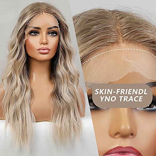 Peruca frontal de renda loira ombre long ombre para mulheres, ondulação natural de 25 polegadas