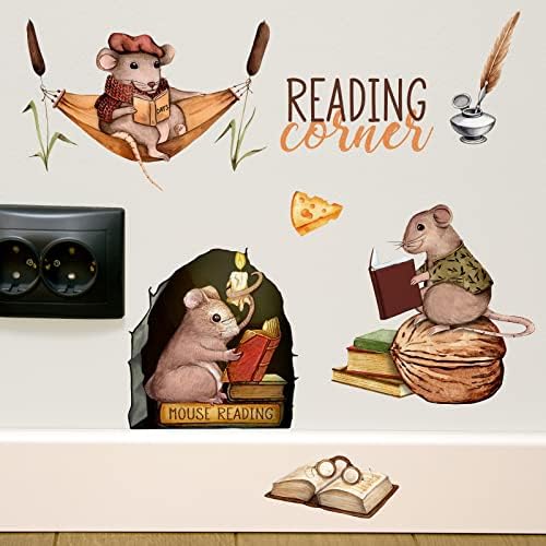 Mfault mouse lendo adesivos de decalques educacionais de parede de canto, 3D Funny Mouse Hole Read Books Decorações de berçário