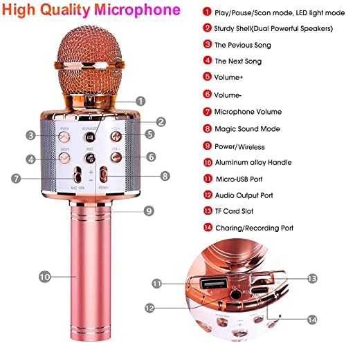 Microfone de karaokê Shinepick, microfone sem fio de 4 em 1 com luzes de luzes LED Machine portátil, Home KTV Player, compatível com
