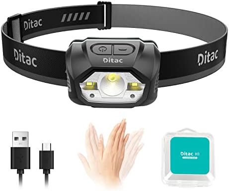 DITAC H1 Lâmpada de cabeça recarregável, farol com sensor de movimento, farol de LED brilhante, 440 lúmens 1800mAh Max Runtime 70