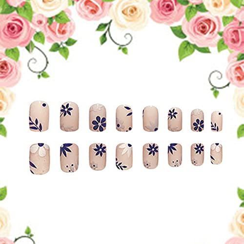 Flor Press em unhas cola quadrada curta em unhas com margarida azul branca folhas florais design falsas unhas nus rosa