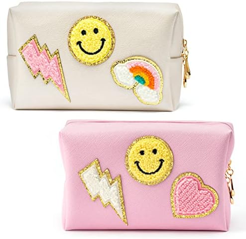 LIETOI 2PCS PACTO Preppy Patch Small Cosmetic Hanketiletes Smile Rainbow Lightning Heart PU Couro à prova d'água Bolsa de maquiagem